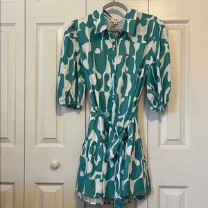 Umgee Teal and White Long Sleeve Dress